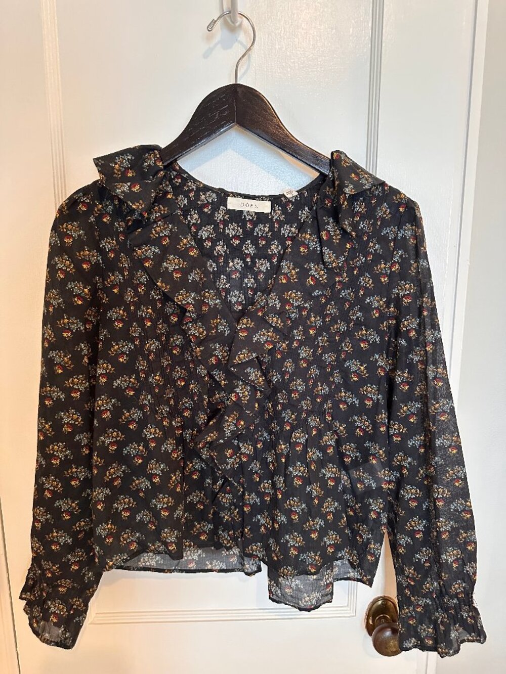Doen Hardy Ruffle Pintuck Organic Cotton Top DELPHINIUM FLORAL, S